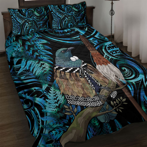 New Zealand Tui Bird Taiaha Quilt Bed Set Maori Weapon Paua Shell Mix Silver Fern