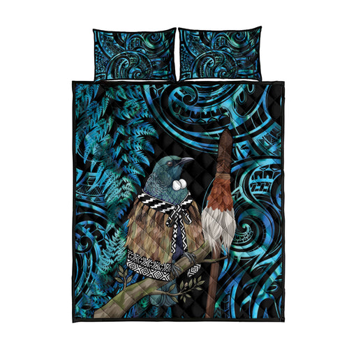 New Zealand Tui Bird Taiaha Quilt Bed Set Maori Weapon Paua Shell Mix Silver Fern