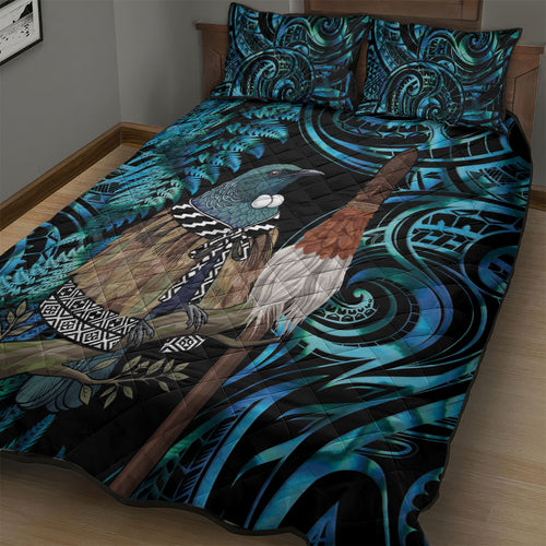 New Zealand Tui Bird Taiaha Quilt Bed Set Maori Weapon Paua Shell Mix Silver Fern