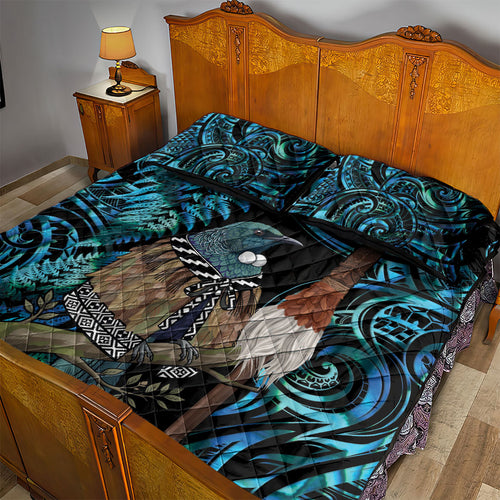 New Zealand Tui Bird Taiaha Quilt Bed Set Maori Weapon Paua Shell Mix Silver Fern