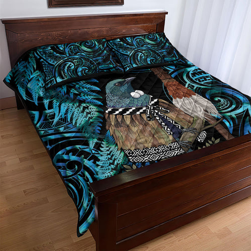 New Zealand Tui Bird Taiaha Quilt Bed Set Maori Weapon Paua Shell Mix Silver Fern