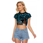 New Zealand Tui Bird Taiaha Raglan Cropped T Shirt Maori Weapon Paua Shell Mix Silver Fern