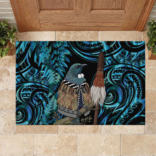 New Zealand Tui Bird Taiaha Rubber Doormat Maori Weapon Paua Shell Mix Silver Fern