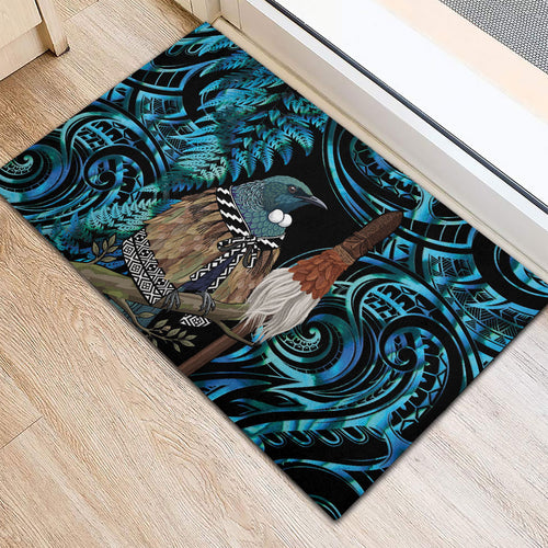 New Zealand Tui Bird Taiaha Rubber Doormat Maori Weapon Paua Shell Mix Silver Fern