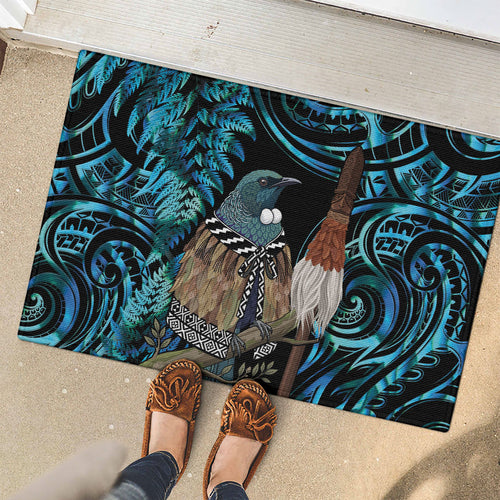 New Zealand Tui Bird Taiaha Rubber Doormat Maori Weapon Paua Shell Mix Silver Fern