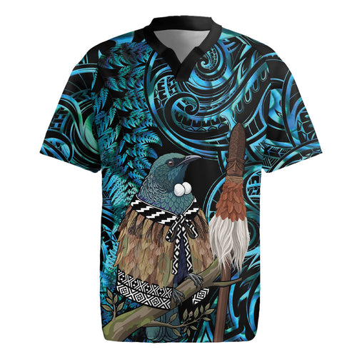 New Zealand Tui Bird Taiaha Rugby Jersey Maori Weapon Paua Shell Mix Silver Fern