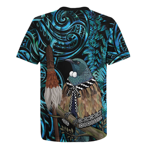 New Zealand Tui Bird Taiaha Rugby Jersey Maori Weapon Paua Shell Mix Silver Fern