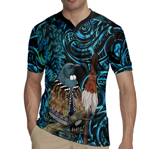 New Zealand Tui Bird Taiaha Rugby Jersey Maori Weapon Paua Shell Mix Silver Fern