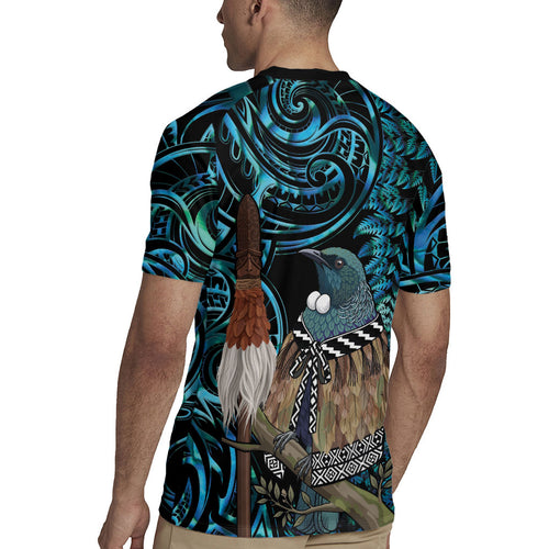 New Zealand Tui Bird Taiaha Rugby Jersey Maori Weapon Paua Shell Mix Silver Fern