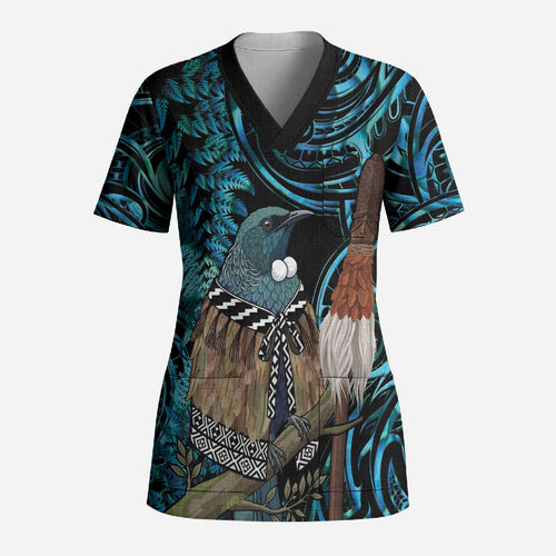 New Zealand Tui Bird Taiaha Scrub Top Maori Weapon Paua Shell Mix Silver Fern