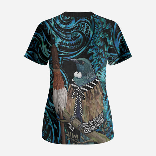 New Zealand Tui Bird Taiaha Scrub Top Maori Weapon Paua Shell Mix Silver Fern