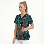 New Zealand Tui Bird Taiaha Scrub Top Maori Weapon Paua Shell Mix Silver Fern