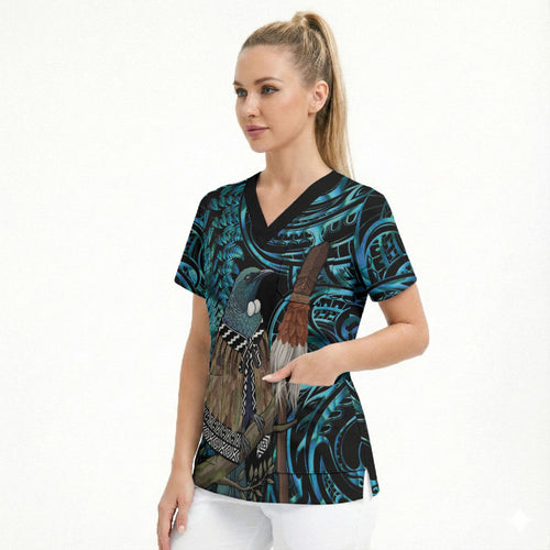 New Zealand Tui Bird Taiaha Scrub Top Maori Weapon Paua Shell Mix Silver Fern