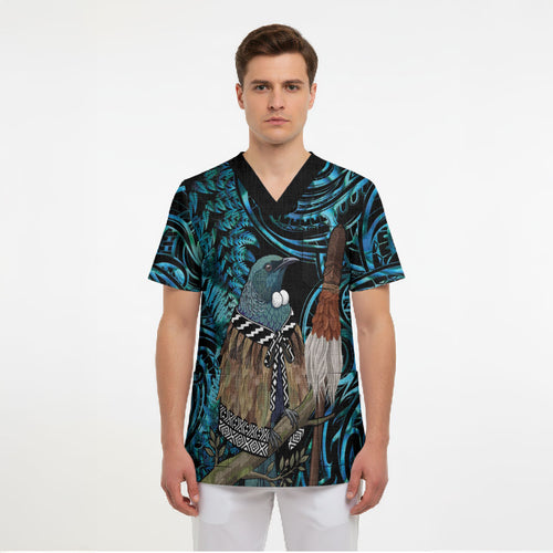 New Zealand Tui Bird Taiaha Scrub Top Maori Weapon Paua Shell Mix Silver Fern