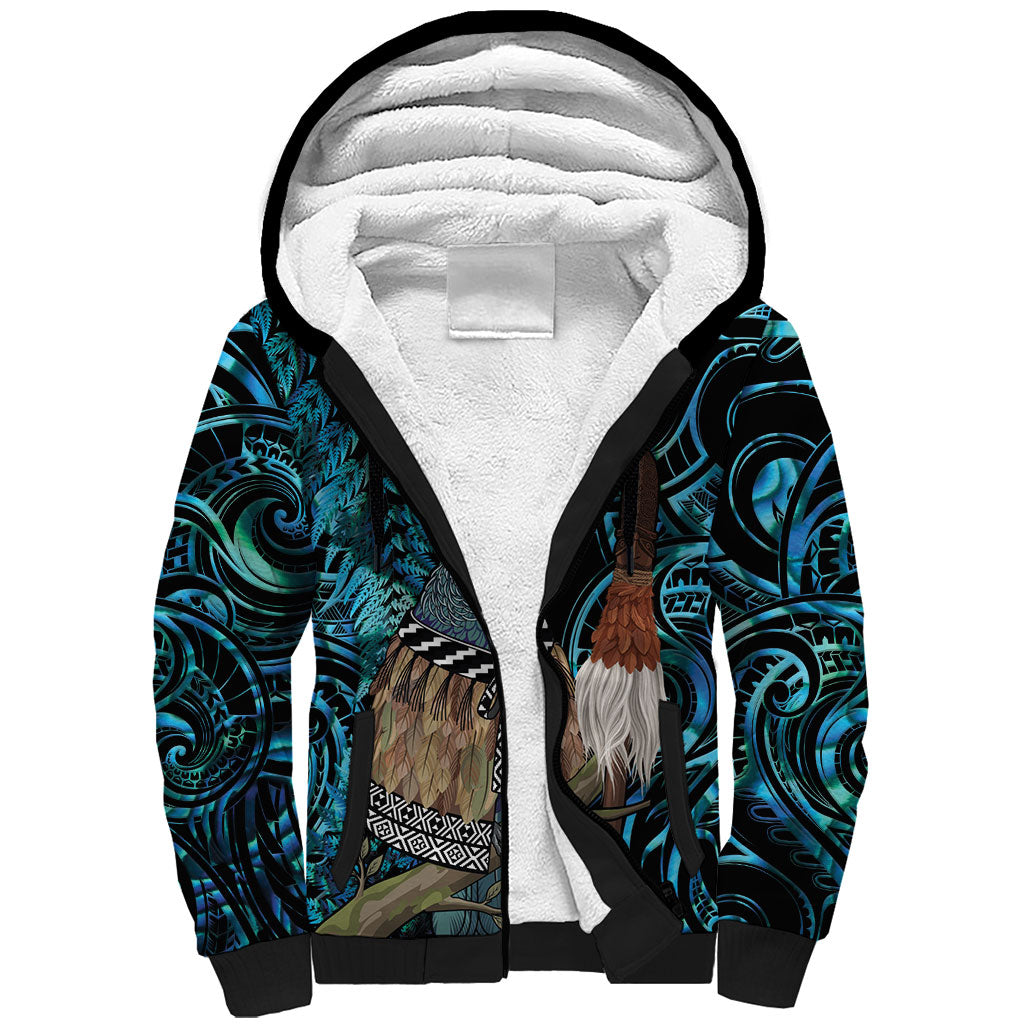 New Zealand Tui Bird Taiaha Sherpa Hoodie Maori Weapon Paua Shell Mix Silver Fern