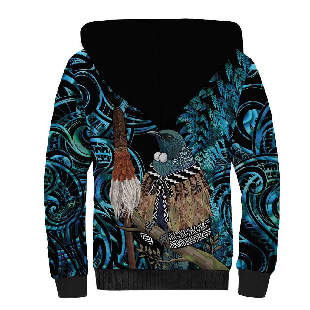 New Zealand Tui Bird Taiaha Sherpa Hoodie Maori Weapon Paua Shell Mix Silver Fern