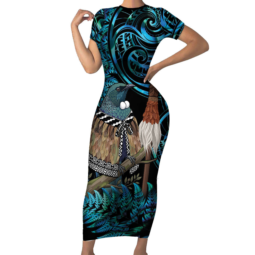 New Zealand Tui Bird Taiaha Short Sleeve Bodycon Dress Maori Weapon Paua Shell Mix Silver Fern