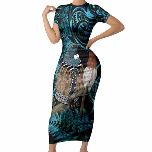 New Zealand Tui Bird Taiaha Short Sleeve Bodycon Dress Maori Weapon Paua Shell Mix Silver Fern