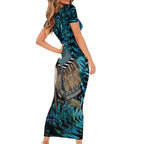 New Zealand Tui Bird Taiaha Short Sleeve Bodycon Dress Maori Weapon Paua Shell Mix Silver Fern