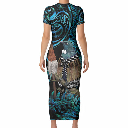 New Zealand Tui Bird Taiaha Short Sleeve Bodycon Dress Maori Weapon Paua Shell Mix Silver Fern