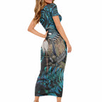 New Zealand Tui Bird Taiaha Short Sleeve Bodycon Dress Maori Weapon Paua Shell Mix Silver Fern LT14