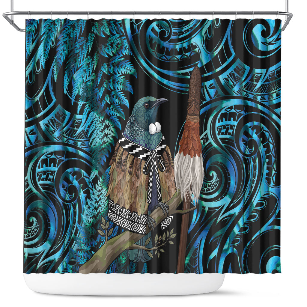 New Zealand Tui Bird Taiaha Shower Curtain Maori Weapon Paua Shell Mix Silver Fern