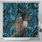 New Zealand Tui Bird Taiaha Shower Curtain Maori Weapon Paua Shell Mix Silver Fern
