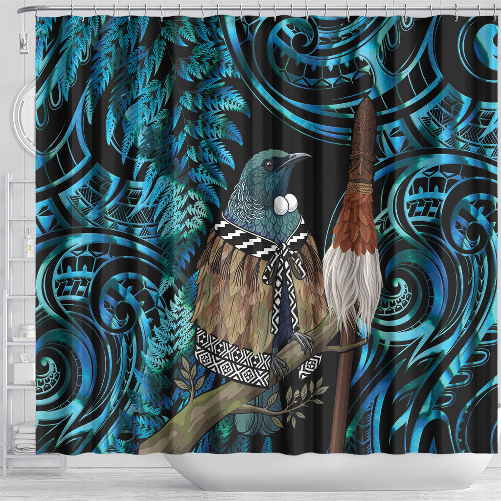 New Zealand Tui Bird Taiaha Shower Curtain Maori Weapon Paua Shell Mix Silver Fern