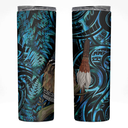 New Zealand Tui Bird Taiaha Skinny Tumbler Maori Weapon Paua Shell Mix Silver Fern