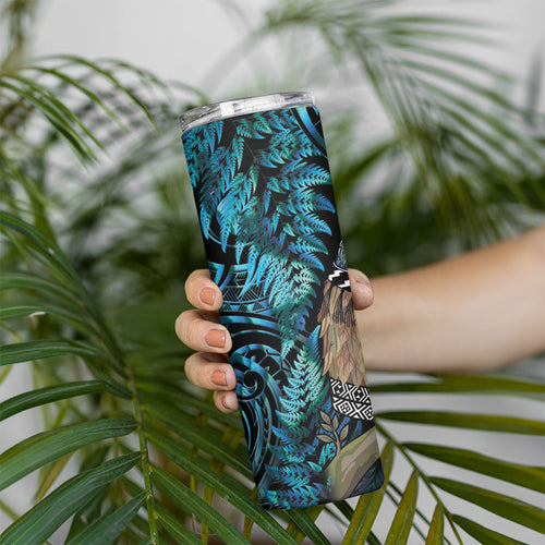 New Zealand Tui Bird Taiaha Skinny Tumbler Maori Weapon Paua Shell Mix Silver Fern