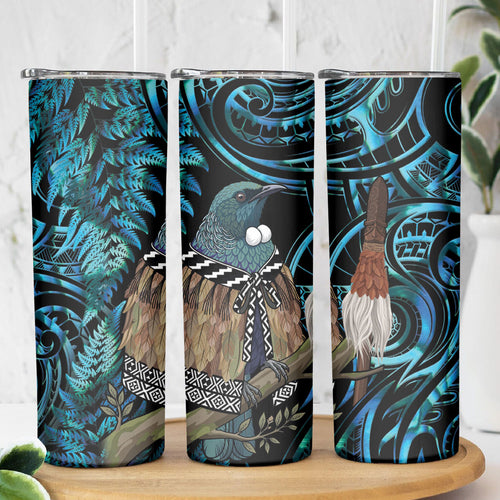 New Zealand Tui Bird Taiaha Skinny Tumbler Maori Weapon Paua Shell Mix Silver Fern