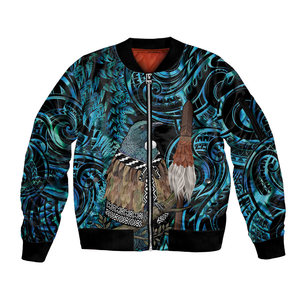 New Zealand Tui Bird Taiaha Sleeve Zip Bomber Jacket Maori Weapon Paua Shell Mix Silver Fern