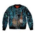 New Zealand Tui Bird Taiaha Sleeve Zip Bomber Jacket Maori Weapon Paua Shell Mix Silver Fern