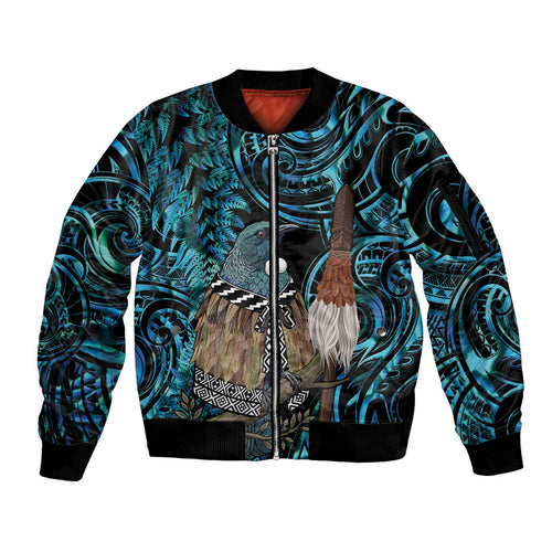 New Zealand Tui Bird Taiaha Sleeve Zip Bomber Jacket Maori Weapon Paua Shell Mix Silver Fern