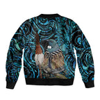 New Zealand Tui Bird Taiaha Sleeve Zip Bomber Jacket Maori Weapon Paua Shell Mix Silver Fern