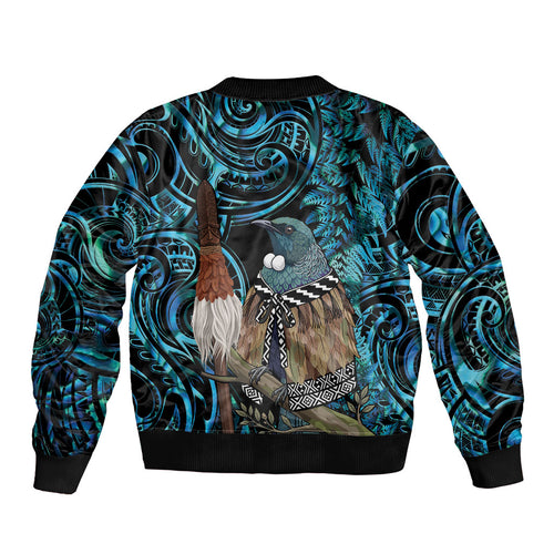 New Zealand Tui Bird Taiaha Sleeve Zip Bomber Jacket Maori Weapon Paua Shell Mix Silver Fern