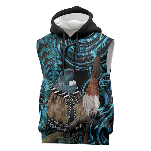 New Zealand Tui Bird Taiaha Sleeveless Hoodie Maori Weapon Paua Shell Mix Silver Fern