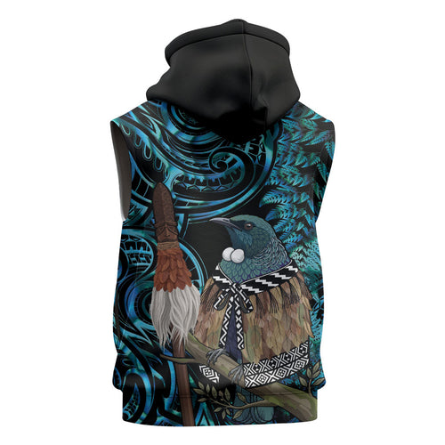 New Zealand Tui Bird Taiaha Sleeveless Hoodie Maori Weapon Paua Shell Mix Silver Fern