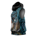 New Zealand Tui Bird Taiaha Sleeveless Hoodie Maori Weapon Paua Shell Mix Silver Fern