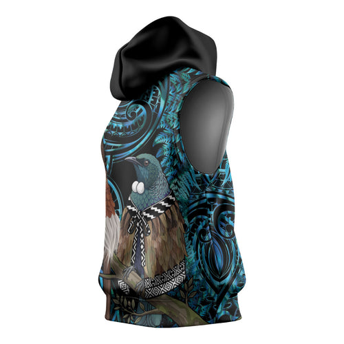 New Zealand Tui Bird Taiaha Sleeveless Hoodie Maori Weapon Paua Shell Mix Silver Fern