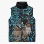 New Zealand Tui Bird Taiaha Sleeveless Puffer Jacket Maori Weapon Paua Shell Mix Silver Fern