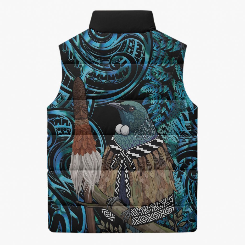 New Zealand Tui Bird Taiaha Sleeveless Puffer Jacket Maori Weapon Paua Shell Mix Silver Fern
