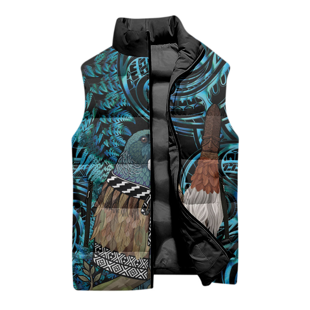 New Zealand Tui Bird Taiaha Sleeveless Puffer Jacket Maori Weapon Paua Shell Mix Silver Fern