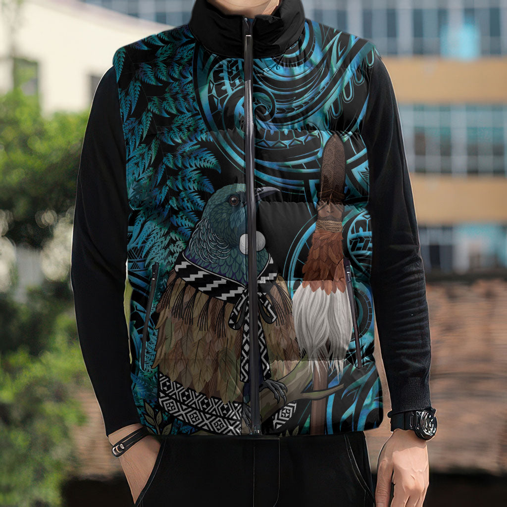 New Zealand Tui Bird Taiaha Sleeveless Puffer Jacket Maori Weapon Paua Shell Mix Silver Fern
