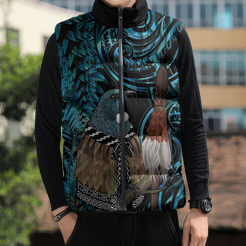 New Zealand Tui Bird Taiaha Sleeveless Puffer Jacket Maori Weapon Paua Shell Mix Silver Fern