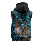 New Zealand Tui Bird Taiaha Sleeveless Zip Hoodie Maori Weapon Paua Shell Mix Silver Fern
