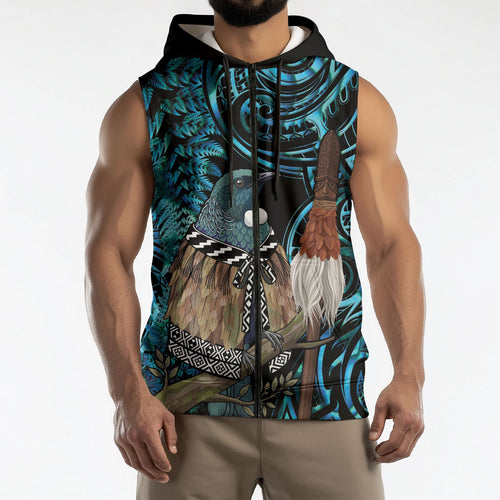 New Zealand Tui Bird Taiaha Sleeveless Zip Hoodie Maori Weapon Paua Shell Mix Silver Fern