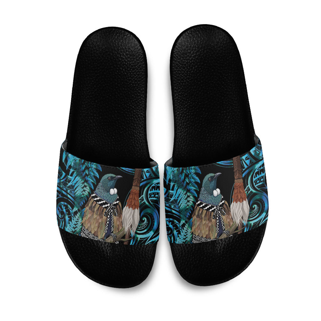 New Zealand Tui Bird Taiaha Slide Sandals Maori Weapon Paua Shell Mix Silver Fern
