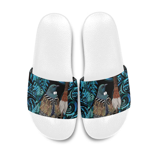 New Zealand Tui Bird Taiaha Slide Sandals Maori Weapon Paua Shell Mix Silver Fern