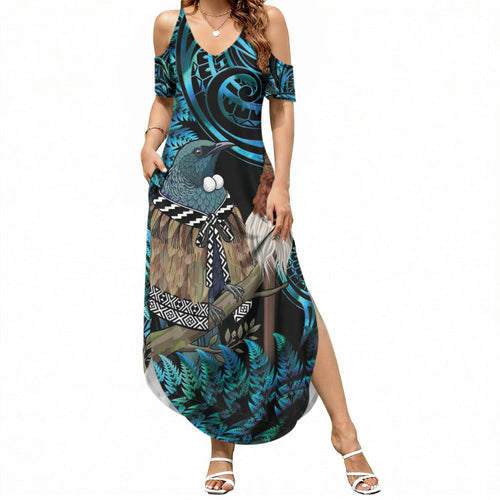 New Zealand Tui Bird Taiaha Summer Maxi Dress Maori Weapon Paua Shell Mix Silver Fern